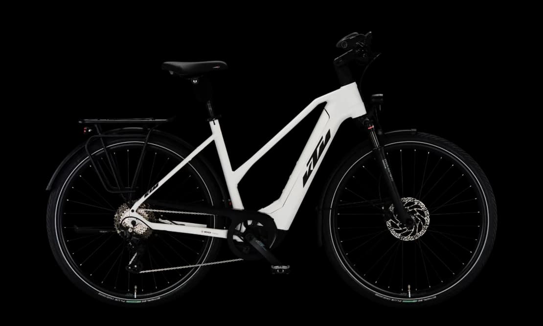 KTM Cento 10 Plus (2023), white matt (black-red), Seitenansicht Trapezrahmen