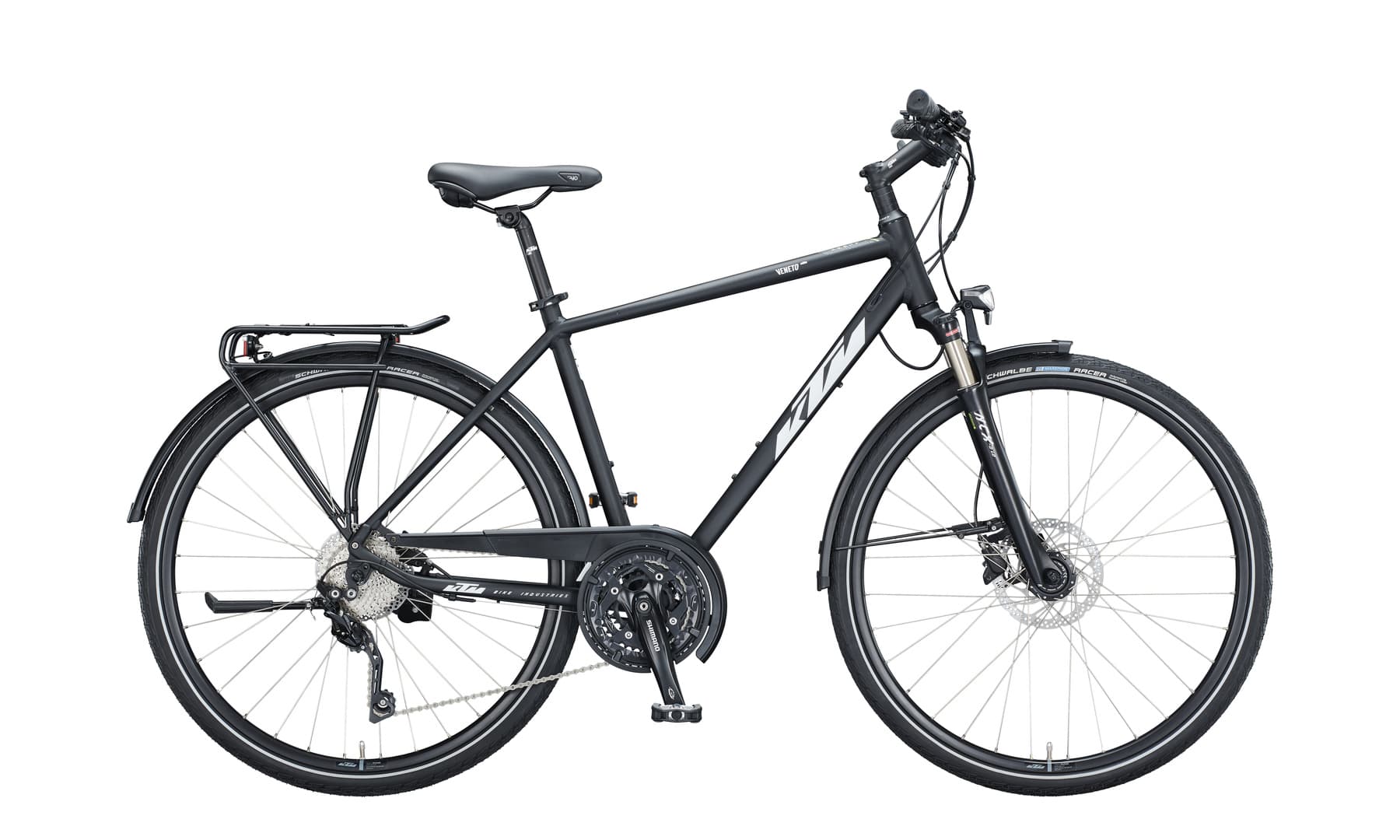 KTM Veneto Light Disc (2020), black matt (white+green) – KTM-Archivbild des Modelljahrs 2021 (Artikel 021410111, Herren 51 cm), gleiche Farbvariante wie 2020; 2020er Katalogbild optisch abgeglichen, nur Felgenmodell weicht ab, Seitenansicht, freigestellt auf weißem Hintergrund, 1800x1080 px (Original, größte Variante)